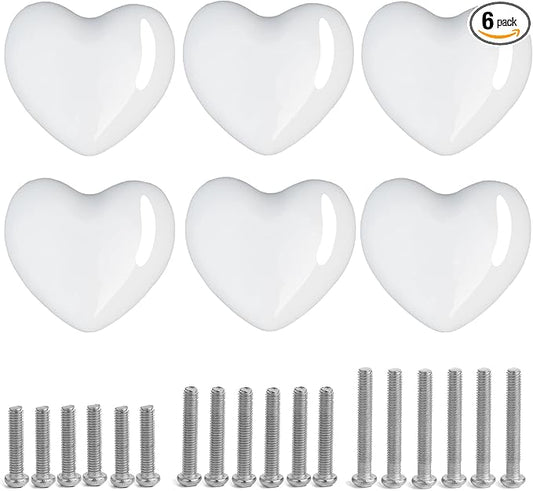 Ceramic Drawer Knobs Heart Shape Cabinet Dresser Pulls Handles with 3 Sized Screws, Kitchen Furniture Knobs for Closet Cupboard Wardrobe (6 Pack, White)