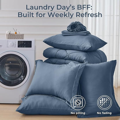 HEVUMYI Dusty Blue King Comforter Set - 7-Piece All Season Bed in a Bag King, Ultra Soft Bedding Set with Comforter, Flat Sheet, Fitted Sheet, Pillowcases, Pillow Shams