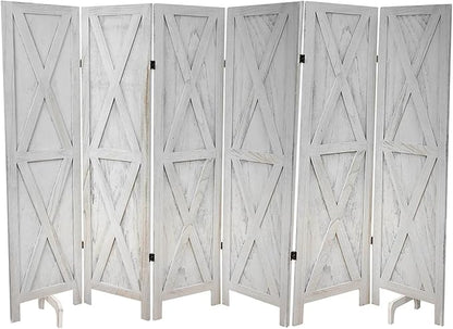 Premium Home 6-Panel Room Divider – Rustic White Barn Door, X Pattern Folding Privacy Screen, Partition Wall