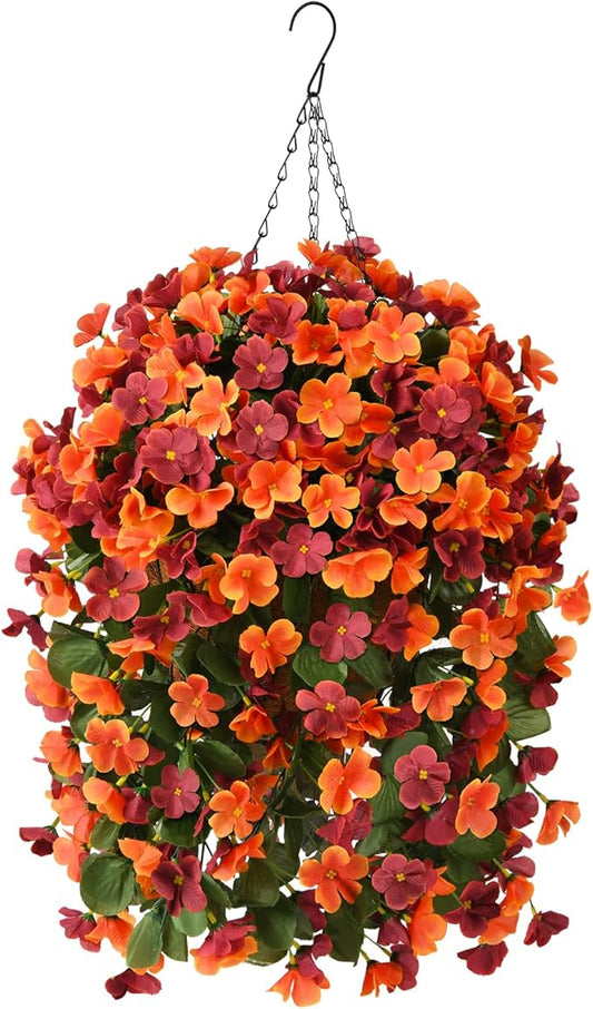 Artificial Fake Hanging Plants Flowers Basket for Fall Autumn Outdoor Decoration,Faux Silk Begonia in Planter UV Resistant Realistic for Outside Home Porch Patio Balcony Yard Decor