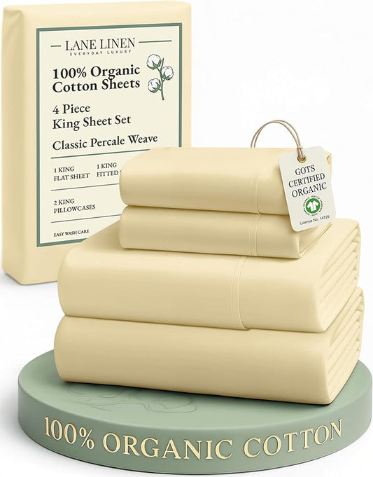 LANE LINEN 100% Organic Cotton King Size Bed Sheets, All Season Soft & Comfy Fully Elasticized Mercized Cotton King Sheets, 15" Deep Pocket Luxury Bed Sheets King Size- Vanilla
