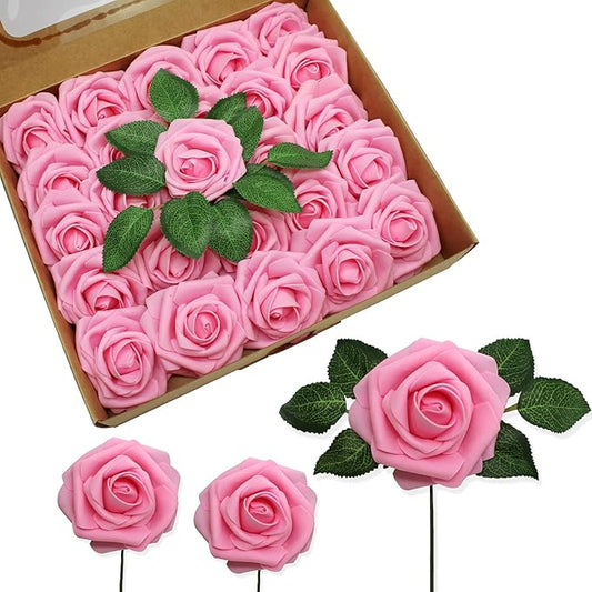 JOYLEX Artificial Flowers Realistic Roses, 25pcs Real Looking Fake Roses with Stem for DIY Wedding Bouquets Centerpieces Bridal Shower Party Home Romantic Decorations (Dark Pink)
