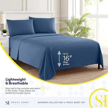 Queen Size Bed Sheets - Breathable Luxury Sheets with Full Elastic & Secure Corner Straps Built In - 1800 Supreme Collection Extra Soft Deep Pocket Bedding Set, Sheet Set, Queen, Denim