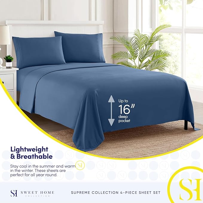 Twin XL Sheets - Breathable Luxury Sheets with Full Elastic & Secure Corner Straps Built In - 1800 Supreme Collection Extra Soft Deep Pocket Bedding Set, Sheet Set, Twin XL, Denim