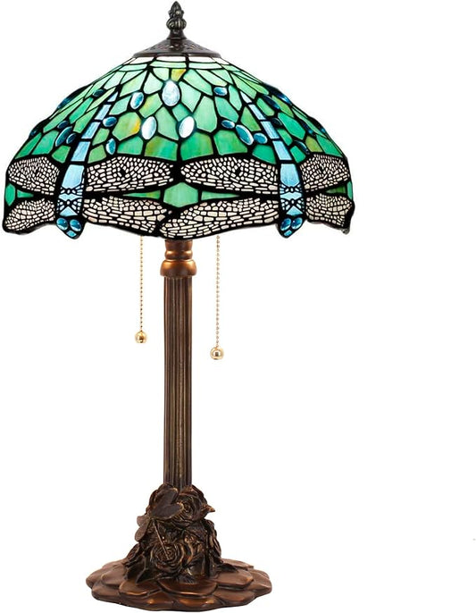 Tiffany Stained Glass Table Lamp 12X12X21Inch Resin Base Desk Bedroom Living Room Reading Light (Green Dragonfly)