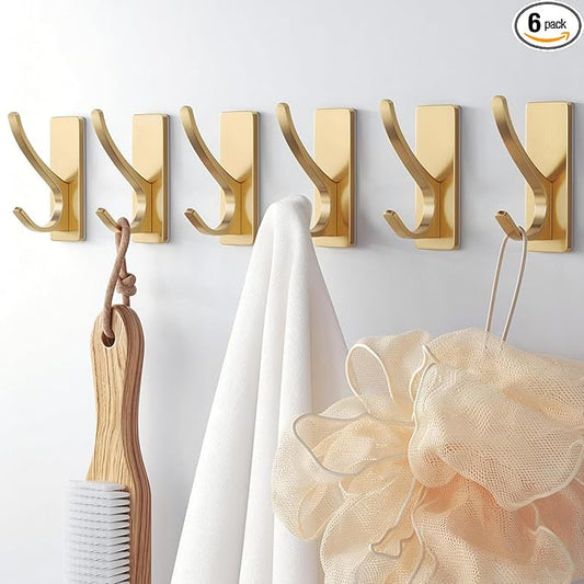 pickpiff Self Adhesive Coat Hooks for Hanging, Heavy Duty Stainless Double Wall Hook for Towel, Backpack, Hat, Sturdy Metal Hanger for Bathroom, Bedroom, Door, Wall Mounted, 6-Pack, Brushed Gold