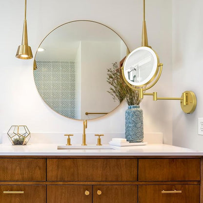 Rechargeable Wall Mounted Lighted Makeup Mirror with Magnification Gold, 8 Inch 1X/10X Magnifying Two Sided Led with Lights, 360 Swivel Extendable Shaving Mirror for Bathroom, Brushed Gold