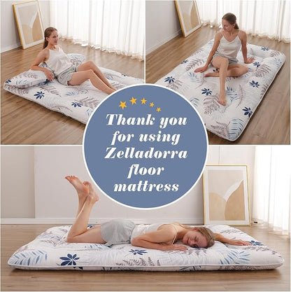 Japanese Floor Mattress, Futon Mattress with Portable Storage Bag and Washable Cover, Roll Up Thick Tatami Mat Suitable for Camping, Guest Room, White Leaf, Queen