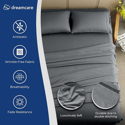 DREAMCARE California King Sheet Sets – 4 pcs Cooling Sheets – up to 21” Deep Cal King Sheets – Hotel Luxury Sheets & Pillowcases – Superior Softness 100% Fine Microfiber with Side Pocket – Dark Gray