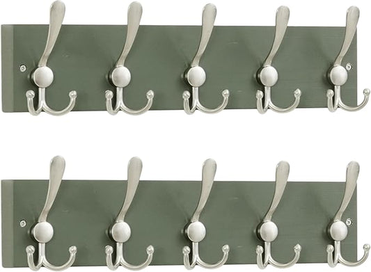 SKOLOO Creations Forest Green Solid Wood Wall Mounted Coat Rack, 5 Hooks, 17" Long - Kitchen, Mudroom, Entryway, Bathroom - Includes Mounting Hardware, Wall Coat Hanger, Towel Rack, Pack of 2