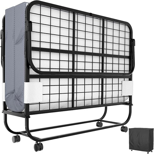 Karcog Folding Bed with Mattress, Storage Cover Included, 46 Inch Extra Rollaway Guest Bed for Adults, with Memory Foam Mattress and Sturdy Metal Frame on Wheels, 75" x 46"