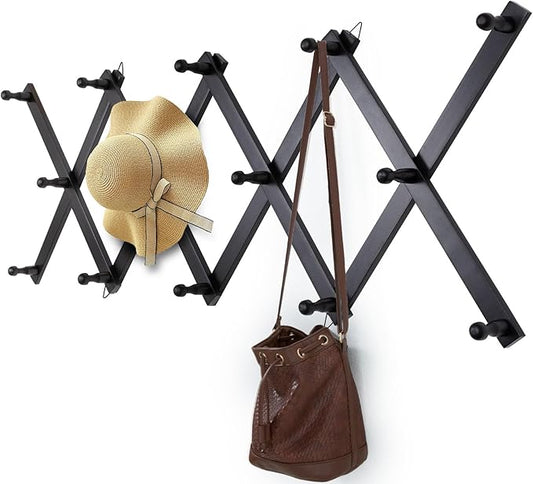 Wall Rack with 14 Hooks, Wooden Wall Expandable Coat Rack for Coat, Hats, Baseball Caps, Coffee Mug, Jewelry(Black)