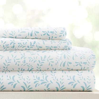 Linen Market Double-Brushed Patterned Microfiber Queen Sheet Set 4 Piece – Oeko-TEX Certified Ultra Soft & Wrinkle-Free - 16" Deep Pocket Sheets - Easy Care Queen Size - Burst of Vines Light Blue