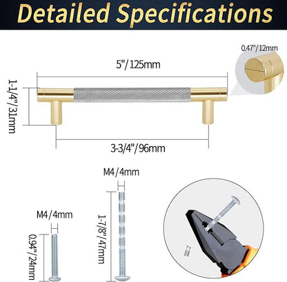 Knurled Cabinet Pulls 12 Pack, 5 Inch Long Cabinet Handles Metal Door Pulls, Kitchen Drawer Pull Knurled Dresser Handles - 3 3/4" Hole to Hole, Grey & Gold