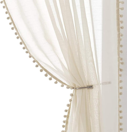 Treatmentex Pom Pom Linen Sheer Curtains for Living Room 63 inches Length Slub Textured Natural Farmhouse Window Sheers Drapes 52" w x 2 Pack, Rod Pocket, Beige