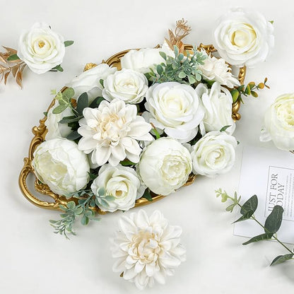 AmyHomie Ivory Artificial Flowers Combo Silk Mix Peony Rose Hydrangea Fake Flowers w/Stem for DIY Wedding Bouquets Centerpieces Arrangements Table Fall Decor Party Bridal Baby Shower Home Decorations