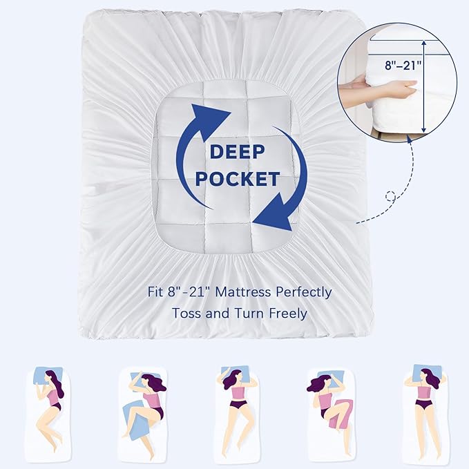 CYMULA Full XL Mattress Topper Waterproof, Cooling Mattress Pad Cover, Extra Thick Pillow Top Mattress Topper with 8-21 Inch Elasticated Deep Pockets, Plush Down Alternative Fill Mattress Protector