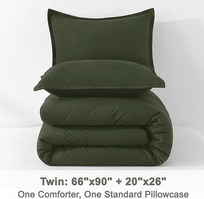 Litanika Dark Olive Green Twin/Twin XL Comforter Set, 2 Pieces Solid Bedding Comforter Set, All Season Fluffy Bed Set (66x90In Comforter & 1 Pillowcase)