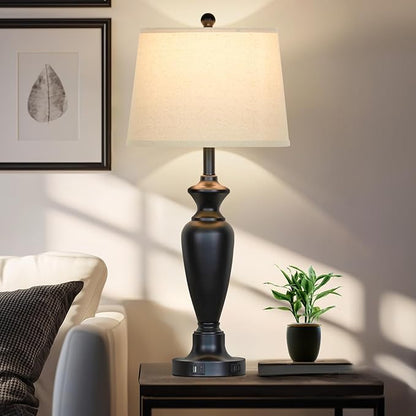 30" Tall Black Table Lamp, 3-Way Dimmable Touch Control Bedside Lamp with USB A+C & AC Outlet for Bedroom, Living Room (1 Pack)