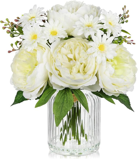DILATATA Artificial Flowers in Vase White Silk Peony & Daisy Faux Floral Arrangements for Table Centerpieces, Home Office Kitchen Bathroom Decor, Spring Fake Flower Arrangement
