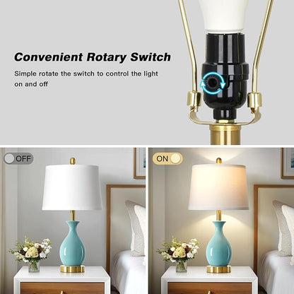 24" Bedroom Table Lamps Set of 2, Modern Classic Ceramic Lamps for Living Room, Small Bedside Table Lamp for Nightstand or End Table, Aqua Blue (2 LED Bulbs Included)