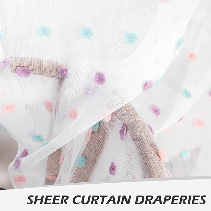 MYSKY HOME Rainbow Pom Pom Curtains Nursery Curtains for Girls Bedroom 63 Inch Length Long Window White Sheer Curtains for Kids Room Rod Pocket Farmhouse Window Drapes 2 Sets 38" x 63"