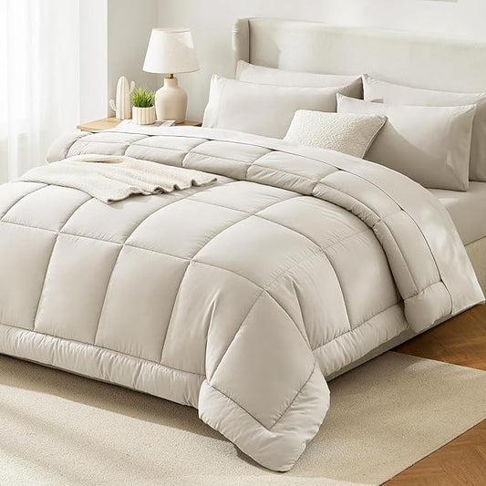 CozyLux Oversized King Comforter Sets Beige, 7 Pieces Bed in a Bag, Ultra-Soft All Season Bedding Sets with Stitch Quilted Comforter, Flat Sheet, Fitted Sheet, Pillowcases, Beige