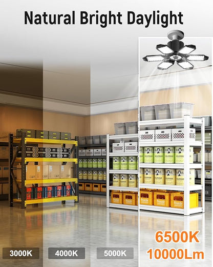 Adiding LED Garage Ceiling Light, 4 Pack 40000Lm Bright Screw into E26 E27 Socket LED Basement Lighting, 6+1 Deformable Panels, Daylight 6500K for Pole Barn Workshop Attic Porch Storage Room Low Bay