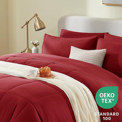 CozyLux King Size Comforter Set Dark Red, 7 Pieces Bed in a Bag, Red Comforter King Size, All Season Bedding Sets with Stitch Quilted Comforter, Flat Sheet, Fitted Sheet, Pillowcases