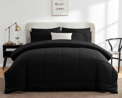 CozyLux Twin Comforter Set with Sheets Black, 5 Pieces Bed in a Bag, Black Comforter Twin Size, All Season Bedding Set with Stitch Quilted Comforter, Flat Sheet, Fitted Sheet, Pillowcases