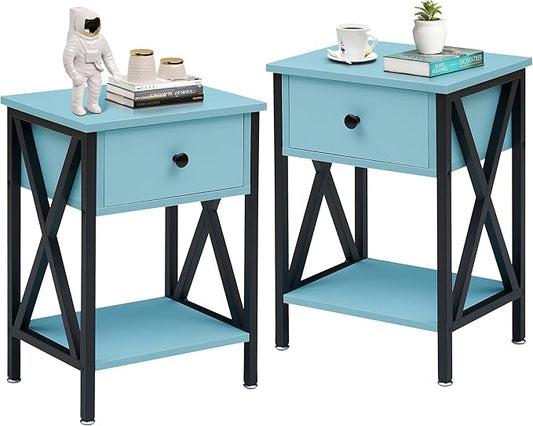 VECELO Nightstands Set of 2, Modern Bedside End Tables, Night Stands with Drawer and Storage Shelf for Living Room Bedroom, Industrial Metal Frame