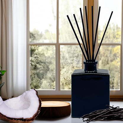 Urban Naturals Mahogany Coconut Reed Diffuser Oil Set – Mahogany, Coconut, Sandalwood, Vanilla & Oakmoss – 5 Ounce Sleek Black Rectangular Refillable Glass Bottle – Made in The USA