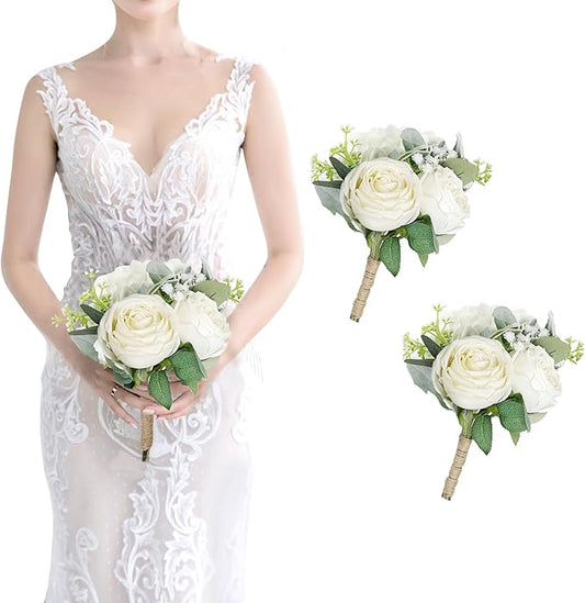 Bridesmaid Bouquets Set of 2 - Ivory White Artificial Flowers Bouquet for Bridesmaids Wedding Small Floral Centerpieces for Marriage Proposal Party Anniversary Dining Table Decor -7 Inch