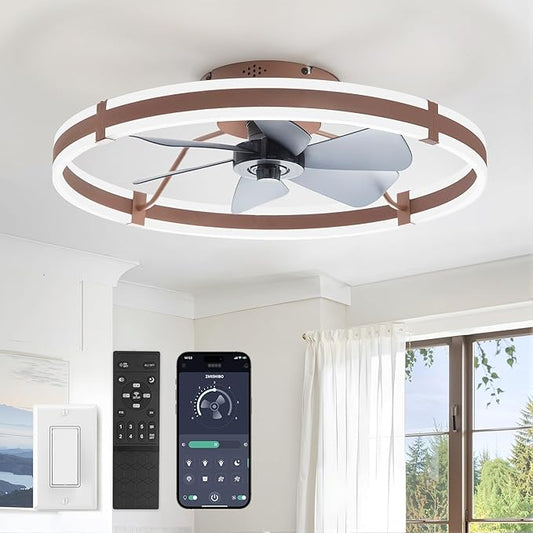ZMISHIBO 24 Inch Ceiling Fans with Lights and Remote, Modern Low Profile Ceiling Fan, 3000-6000K Dimmable Flush Mount LED Fan Light, 6 Wind Speeds, Fandelier Ceiling Fans for Bedroom- Brown