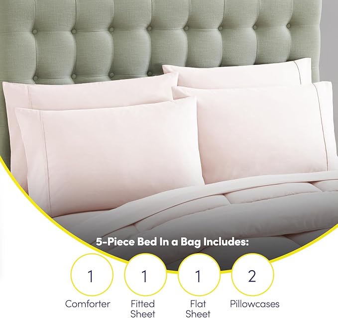 Sweet Home Collection 7 Piece Comforter Set Bag Solid Color All Season Soft Down Alternative Blanket & Luxurious Microfiber Bed Sheets, Pale Pink, Twin XL