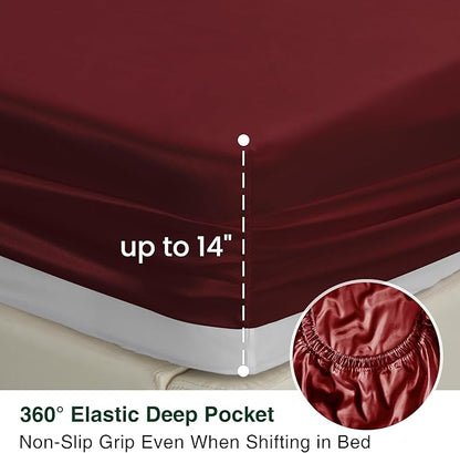 Love's cabin Full Size Satin Sheet Sets - 4 Piece Burgundy Silky Satin Sheet Set Full with Deep Pocket, Luxury Silk Feel Satin Bed Sheets Full Bedding Set (1 Flat Sheet,1 Fitted Sheet,2 Pillow Cases)