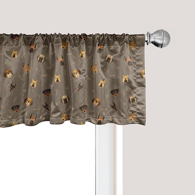 Ambesonne Dog Lover Window Valance, Repetitive Pattern of Pet Heads Paw Prints and Bones, Curtain Valance for Kitchen Bedroom Decor with Rod Pocket, 54" X 18", Taupe