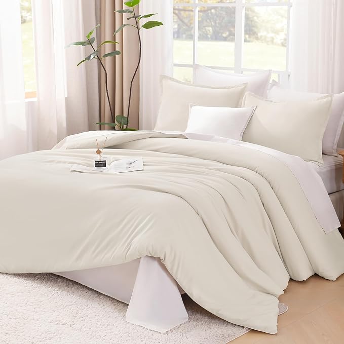 Litanika Comforters Beige Oversized Queen Size, 3 Pieces Lightweight Solid Bedding Comforter Set, All Season Fluffy Bed Set (98x98In Comforter & 2 Pillowcases)