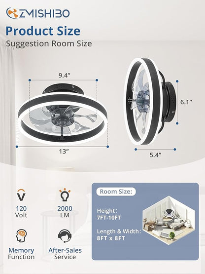 ZMISHIBO Low Profile Ceiling Fans with Lights and Remote, 13 Inch Fandelier Ceiling Fan with Light, Black Modern Flush Mount Ceiling Fan, Small Dimmable LED Fan Lights for Bedroom