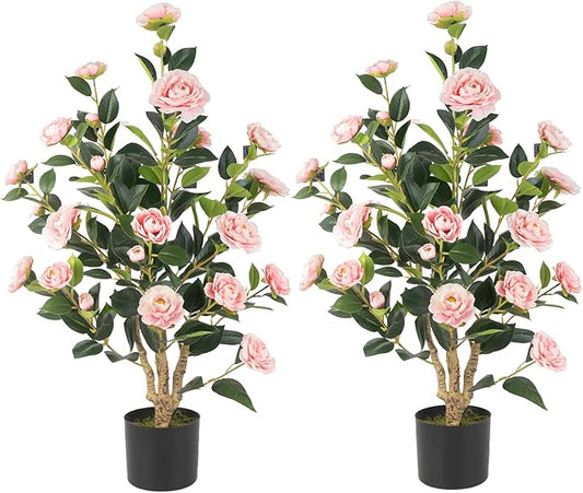Artificial Camellia Tree 2 Pack, 36’’ Faux Camellia Plant in Pot with Pink Flowers, Greenery Potted Plant for Indoor Outdoor Office Home Porch Decor, Pink
