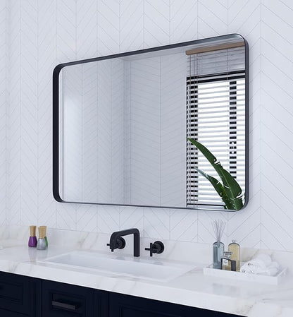 VocalStar Black Bathroom Mirror for Wall, 28 x 40 Inch Rounded Rectangle Metal Framed Bathroom Wall Vanity Mirror Farmhouse, 1/4-inch Shatterproof Glass | Ultra-Flush Hanging