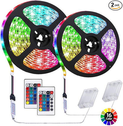 6.56 feet Battery Powered LED Strip Lights, DIY Indoor and Outdoor Decoration, Waterproof, 24 Keys Remote, 2 Pack