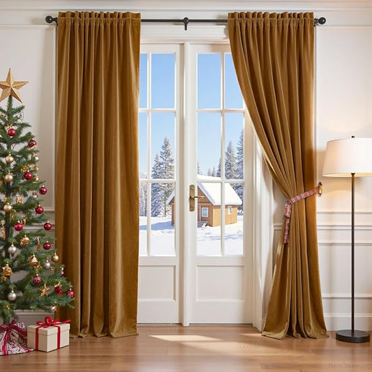 Lazzzy Velvet Blackout Curtains Thermal Insulated Room Window Drapes Super Soft Luxury Curtains for Living Room Bedroom Rod Pocket 2 Panels, Gold Brown, 42" W x 96" L