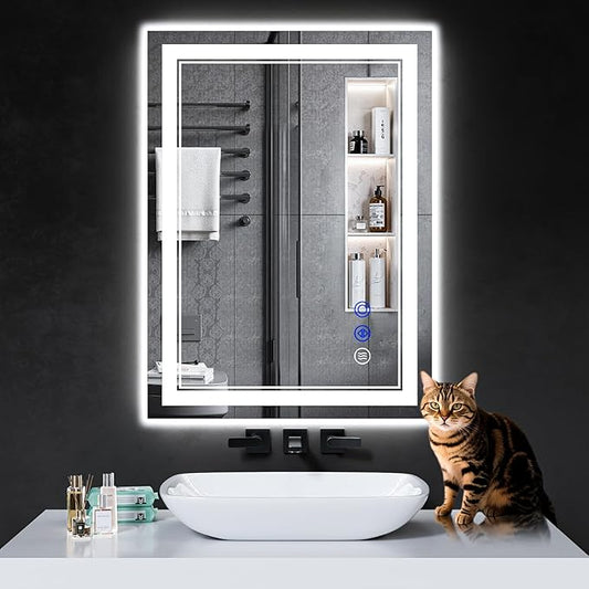 30"x22" LED Bathroom Mirror with Anti-Fog, Stepless Dimmable Lights, 3 Color Modes, Shatter-Proof Tempered Glass, Memory Function & Waterproof Design
