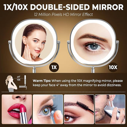 9" Wall Mounted Lighted Makeup Mirror, 3000mAh Rechargeable Double Sided 1X/10X Magnifying Mirror with Hook, 3 Color Lights Dimmable 360° Rotation Vanity Mirror for Bathroom