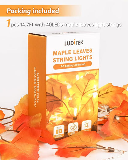Luditek 8 Lighting Modes & Timer Fall Decorations for Home Maple Leaf Garland with Lights 40LED Battery Operated Waterproof String Lights, Thanksgiving Halloween Fall Decor Indoor Outdoor Autumn