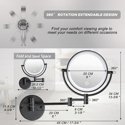 Wall Mounted Makeup Mirror with Lights and 10X Magnification, 8" Rechargeable Double Sided Touch Dimmable Foldable Extended Arm 360 Rotation for Bathroom, Matt Black