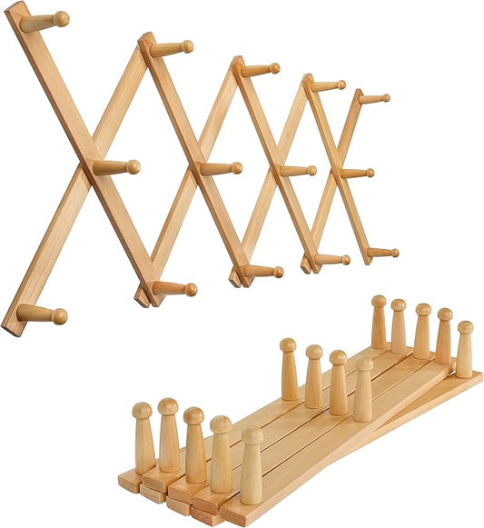 SKOLOO Hat Rack for Wall with 14 Hooks, Pack of 2, Solid Wooden, Modern, Expandable Coat Rack Wall Mount for Coats, Hats, Bags, Baseball Caps, Natural Color