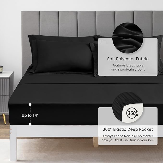 Love's cabin Queen Comforter Set Black, 7 Pieces Queen Bed in a Bag, All Season Bedding Sets with 1 Comforter, 1 Flat Sheet, 1 Fitted Sheet, 2 Pillowcase and 2 Pillow Sham