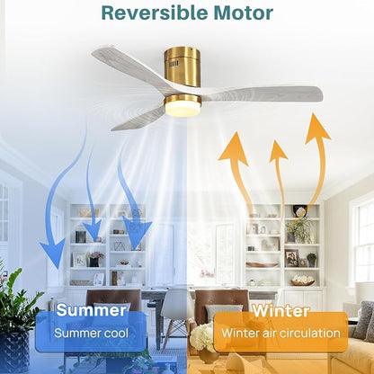 Sofucor Ceiling Fan with Lights-52 Inch Flush Mount Ceiling Fan with Light and Remote Control, Low Profile Wood Blades Modern Outdoor Ceiling Fans for Bedroom/Farmhouse/Patio/Indoor, Quiet DC Motor
